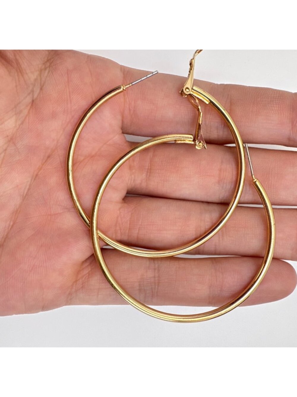 Hoop Earrings 2" Diameter 2mm Thick Hinged Closure VTG Gold Tone